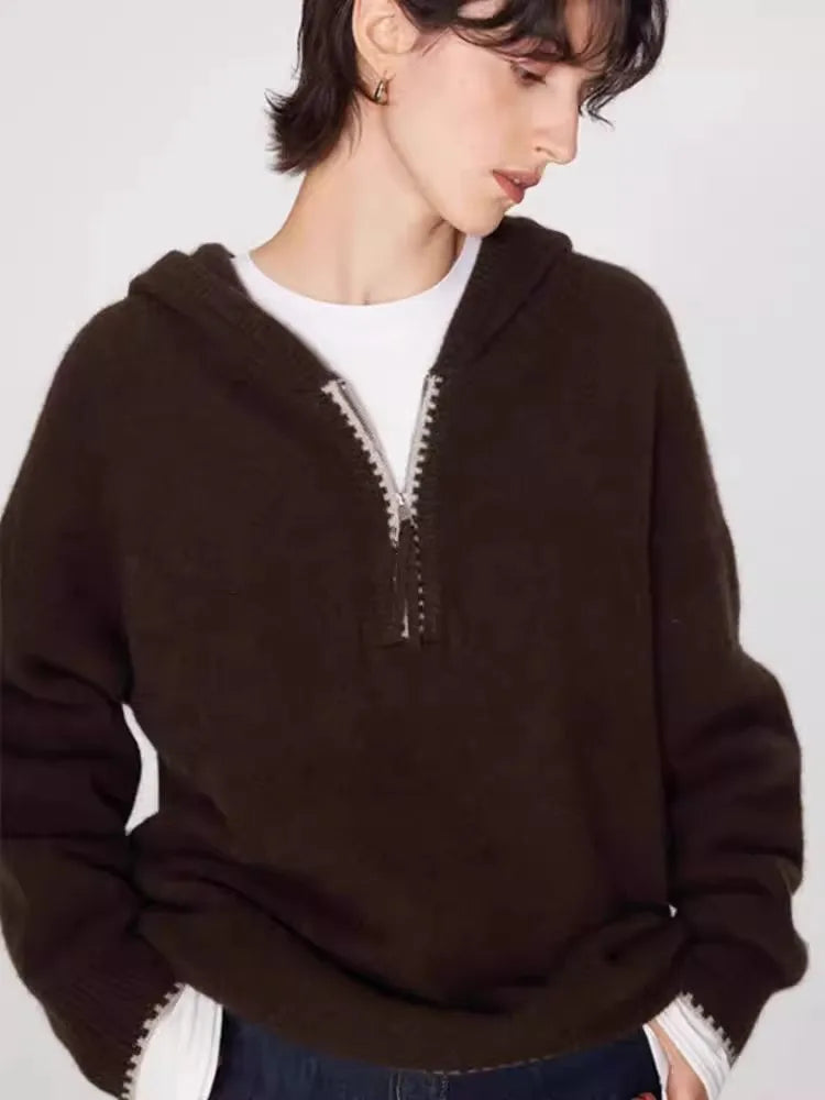 High-end half-zipper hooded 100% cashmere knitted sweater women loose and thick sweater base hoodie top