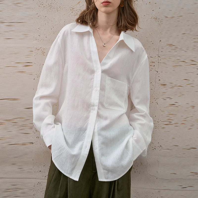 Women's Linen Long-Sleeve Loose Collared Button-Up Shirt with Pockets for Casual Outfits
