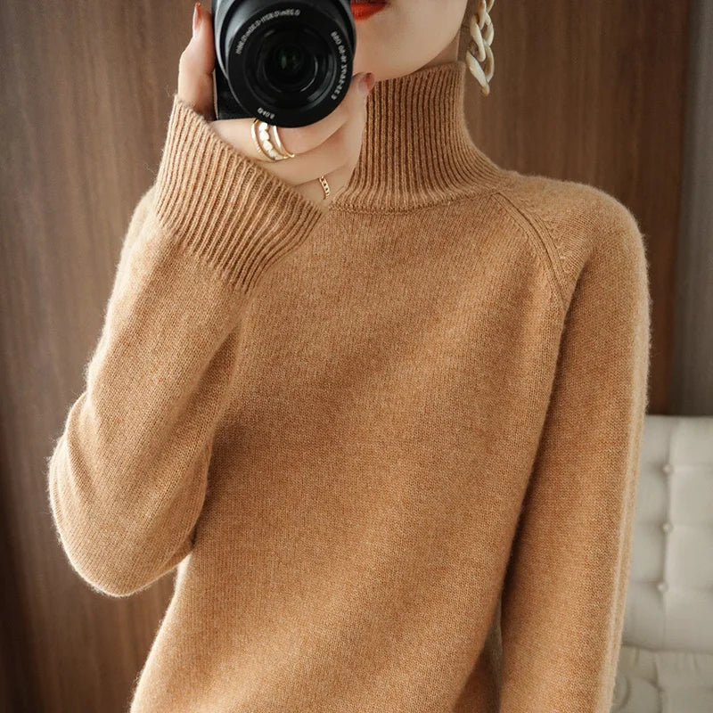 Women's Plain Ribbed Roll Neck Sweater Casual Knit Layer
