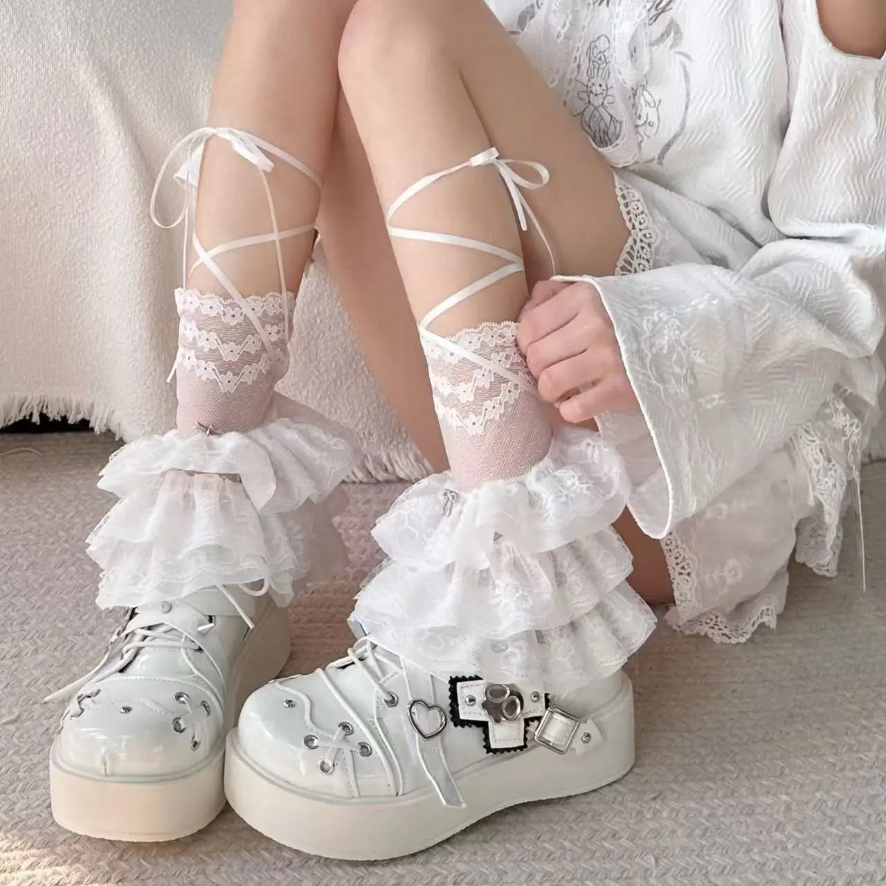 Ruffled Lace Ankle Leg Warmers with Ribbon Tie Details