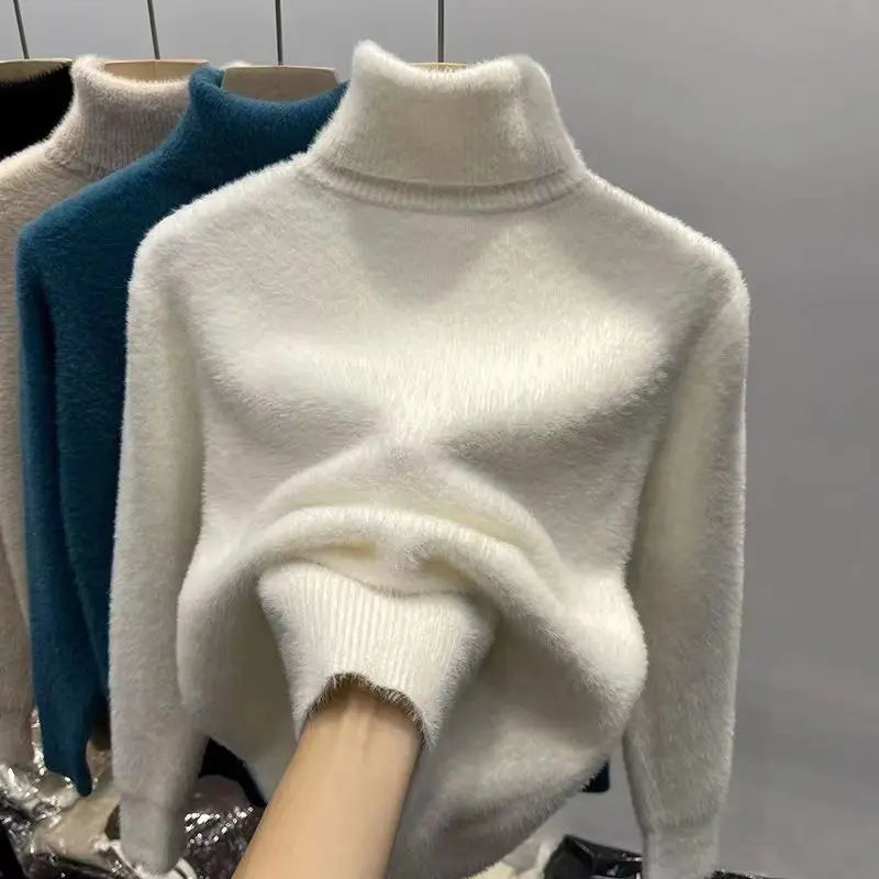 Women's Fluffy Roll Neck Long Sleeve Sweater Casual Knit Layer