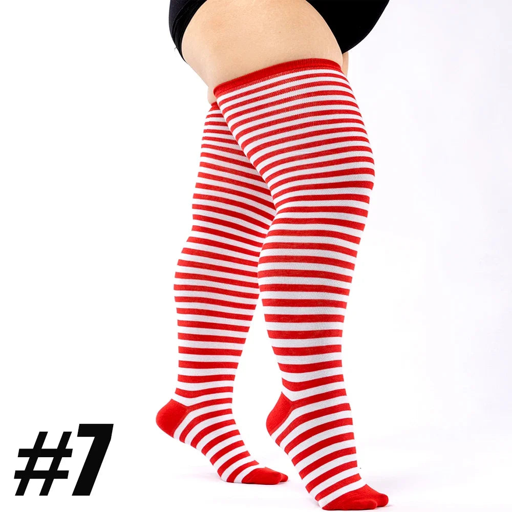 Plus Size Thigh High Socks with Striped Cuff Options