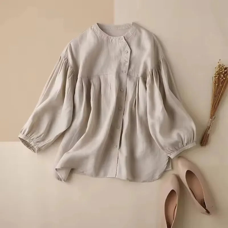 Women's Linen-Rayon Long-Sleeve Loose Round-Neck Blouse with Button Detail for Casual Outfits