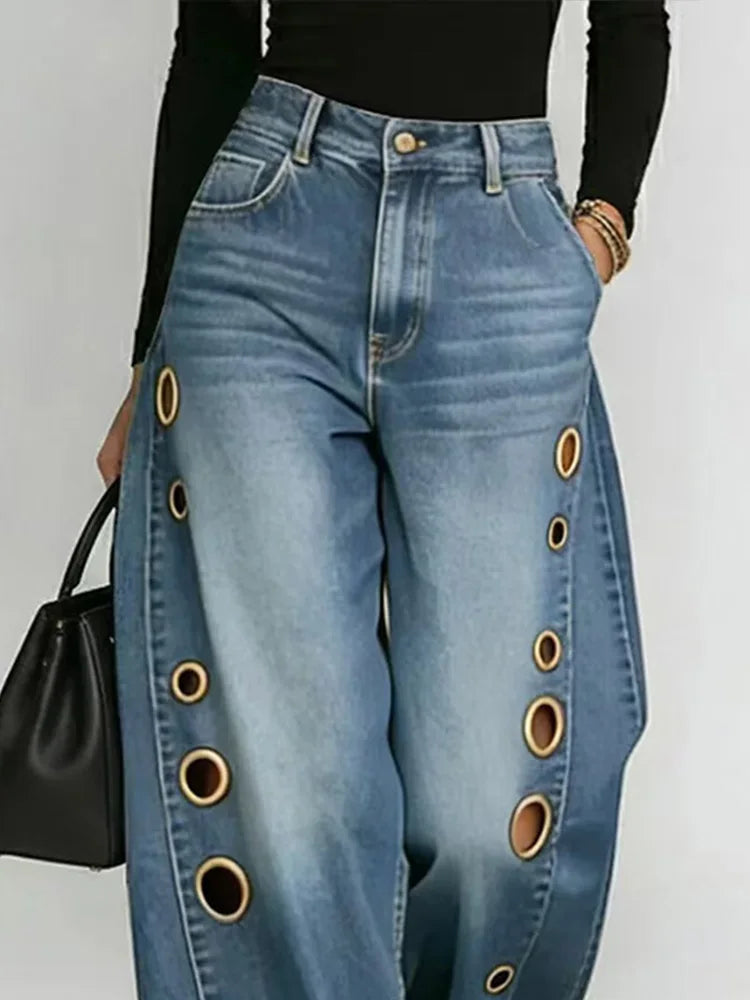 Women's Side Grommet Wide Leg Denim Jeans For Everyday Outfits