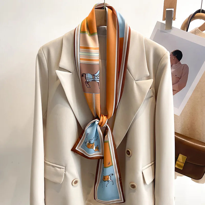 Printed Long Narrow Scarf with Decorative Ribbon Shape