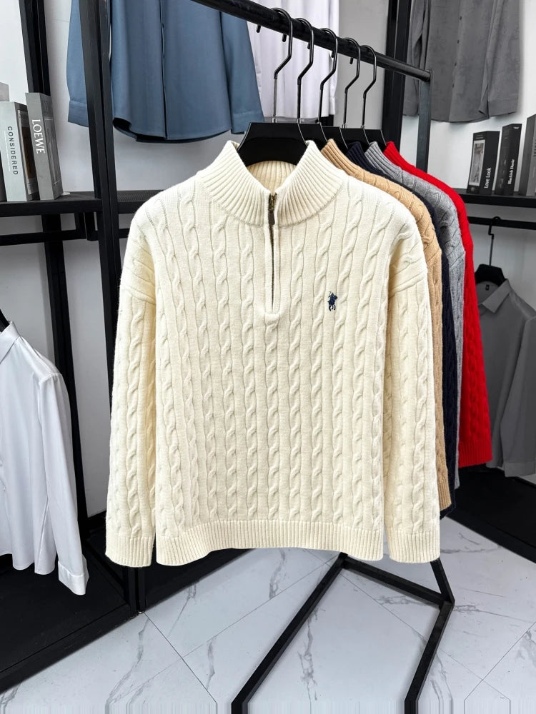 Men's Embroidered Cable Knit Quarter Zip Sweater