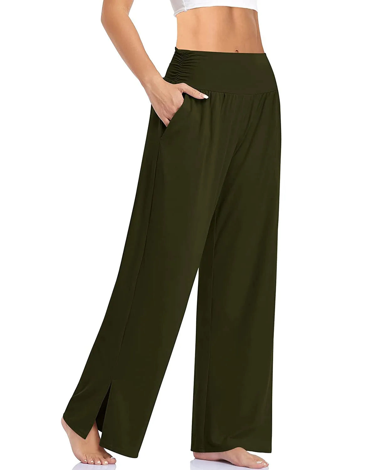 Women's High Waist Polyester Blend Wide Leg Pants with Ankle Slits