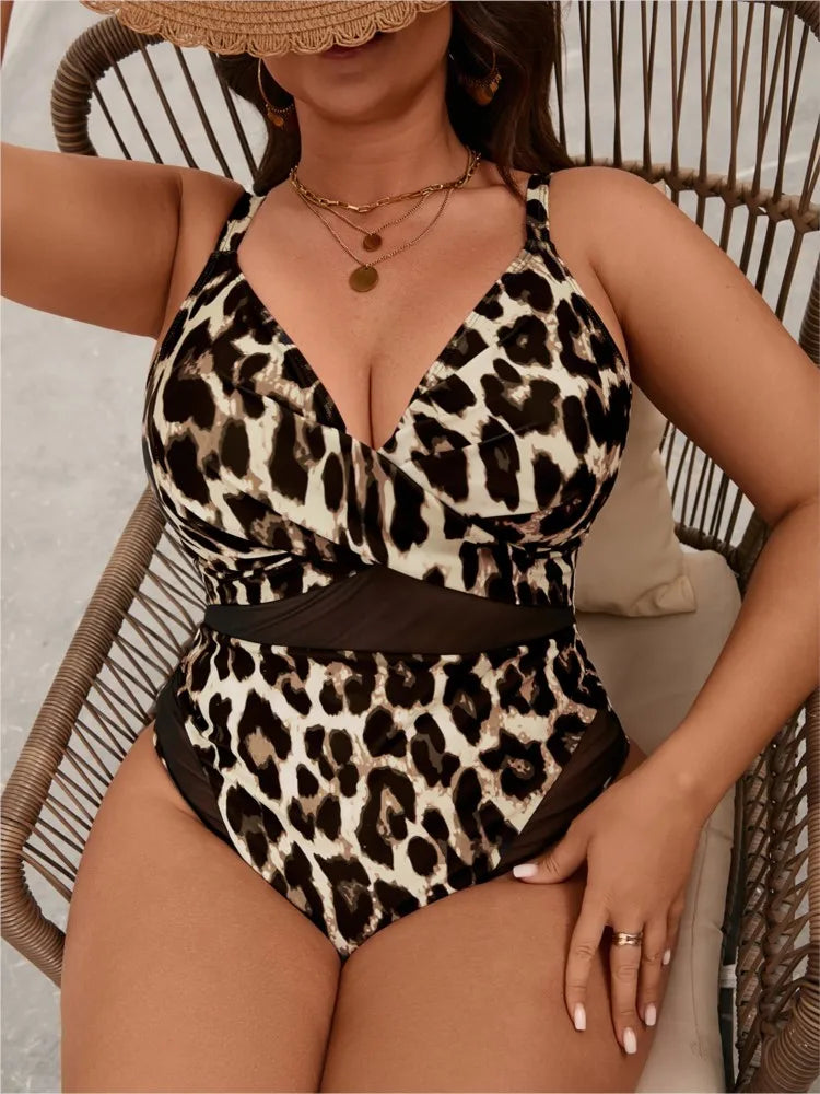 Women's Leopard Print Mesh Waist Strappy One Piece Swimsuit