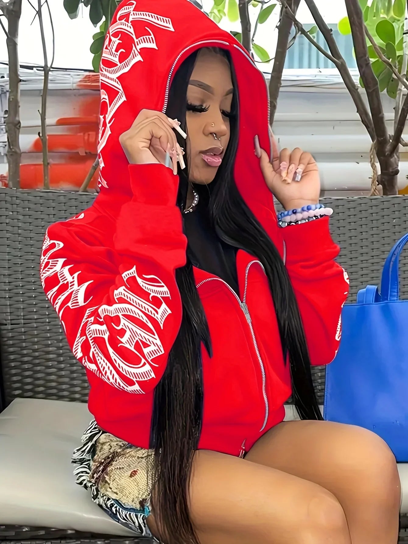 Letter Graphic Long Sleeve Full Zip Casual Hoodie