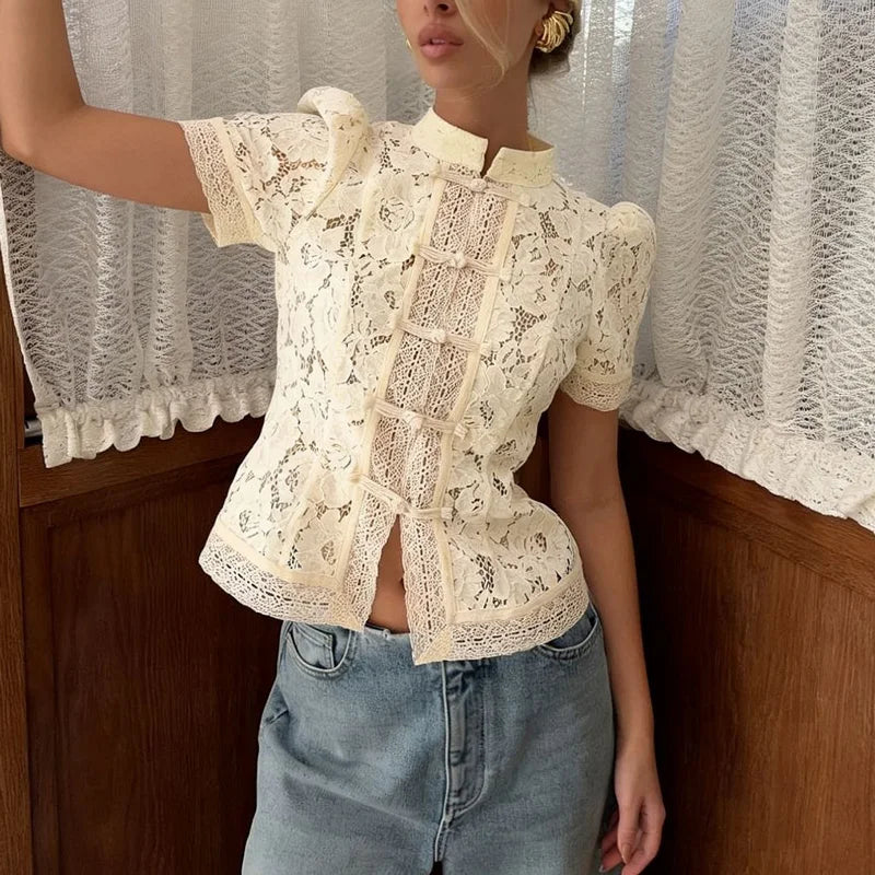 Women's Floral Lace High Neck Long Sleeve Blouse