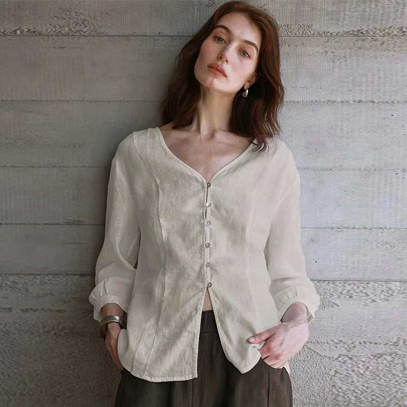 Women's Linen V-Neck Button-Up Shirt with Three-Quarter Sleeves for Casual Everyday Outfits