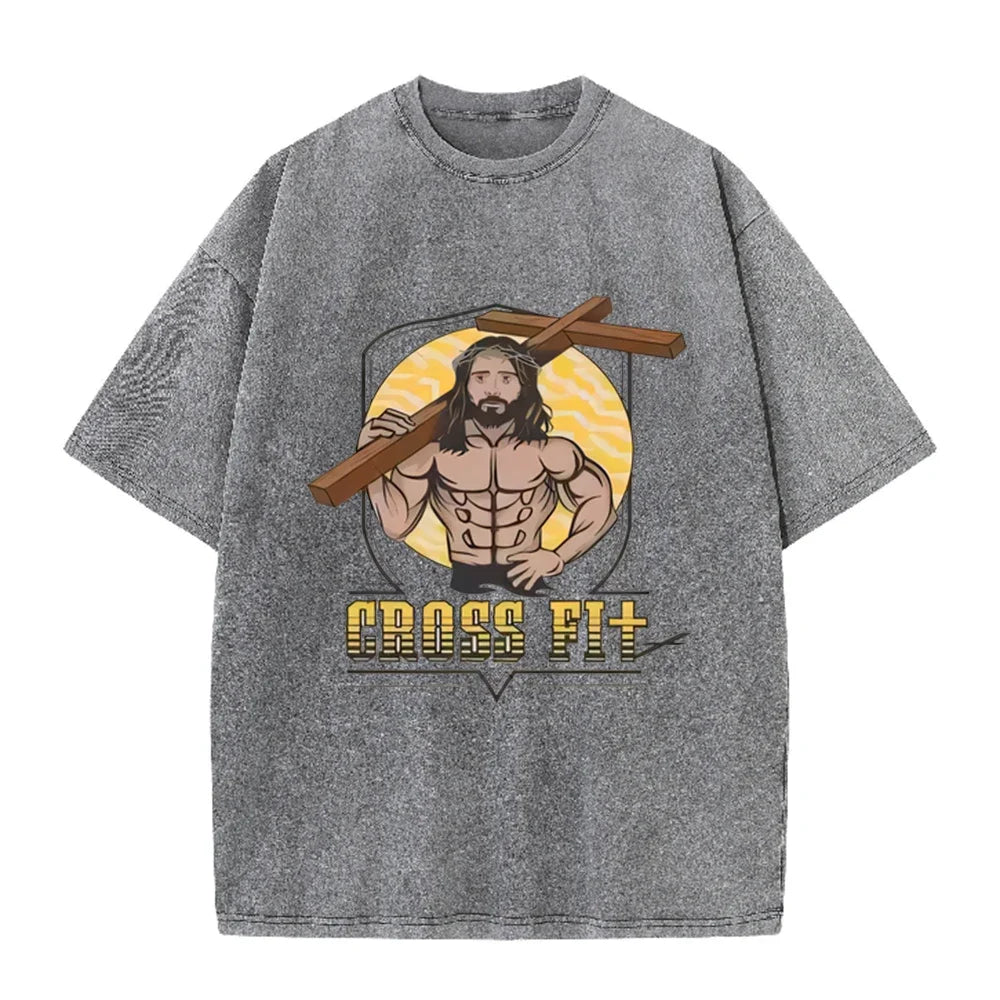 Oversized Washed Cotton Graphic T-Shirt with Short Sleeves