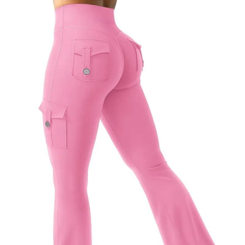 Women's High Waist Polyester Flared Pants with Cargo Style Thigh Pockets