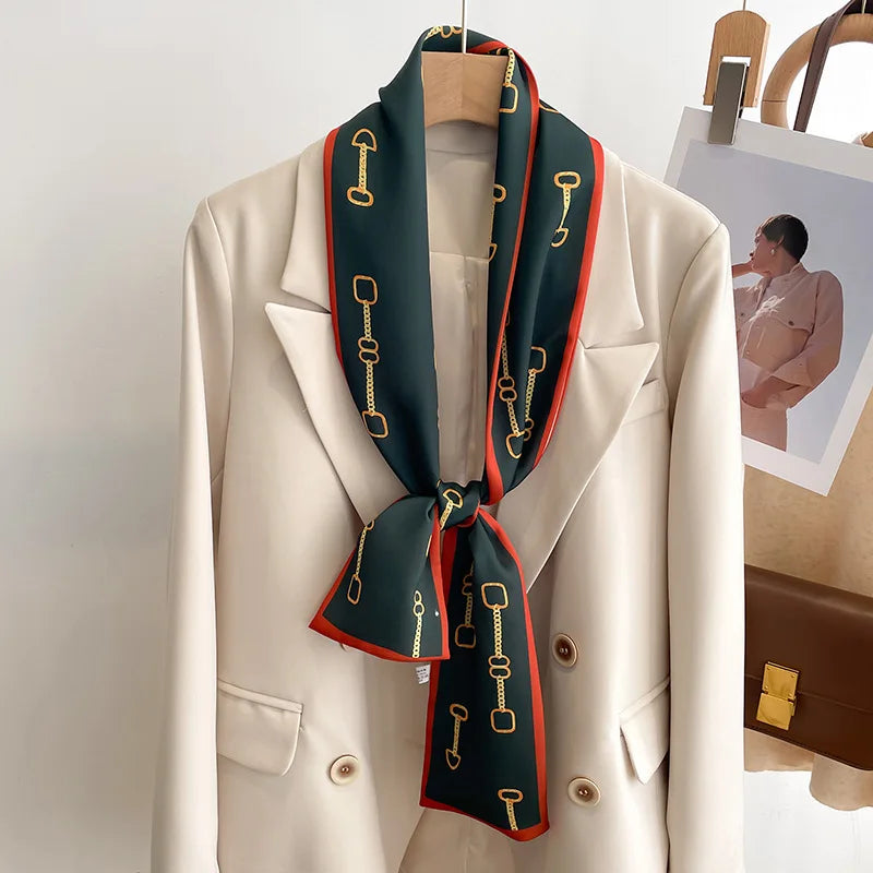 Printed Long Narrow Scarf with Decorative Ribbon Shape