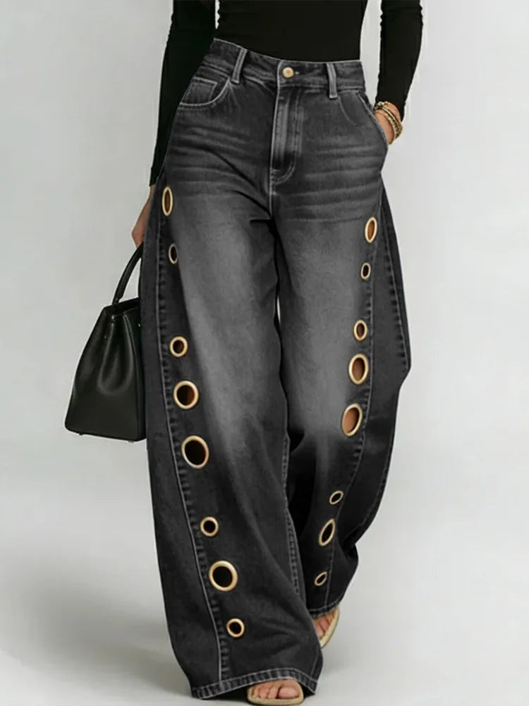 Women's Side Grommet Wide Leg Denim Jeans For Everyday Outfits