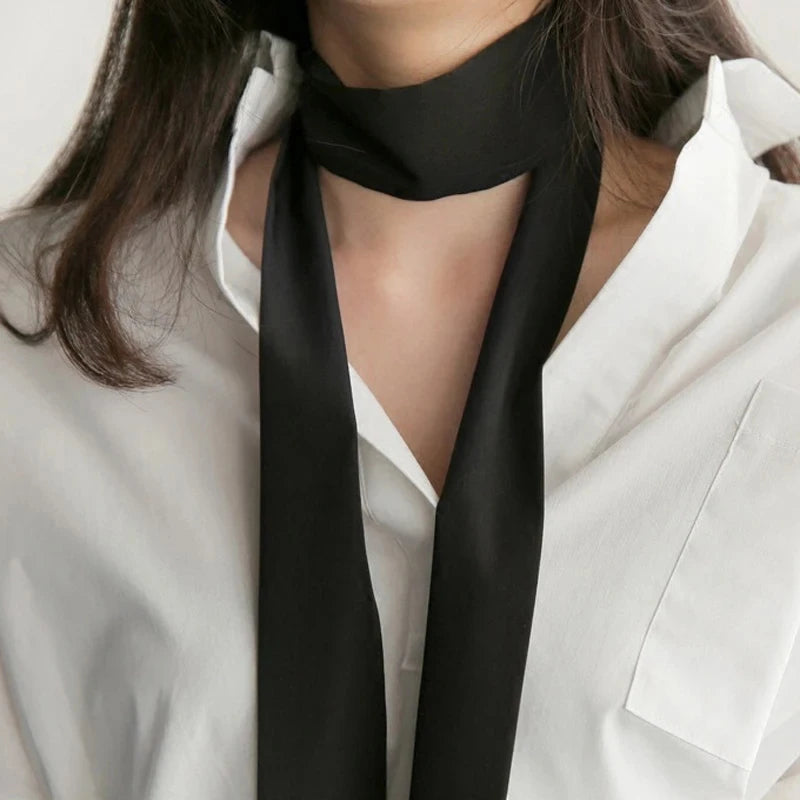 Solid Long Narrow Ribbon Scarf with Pointed Ends