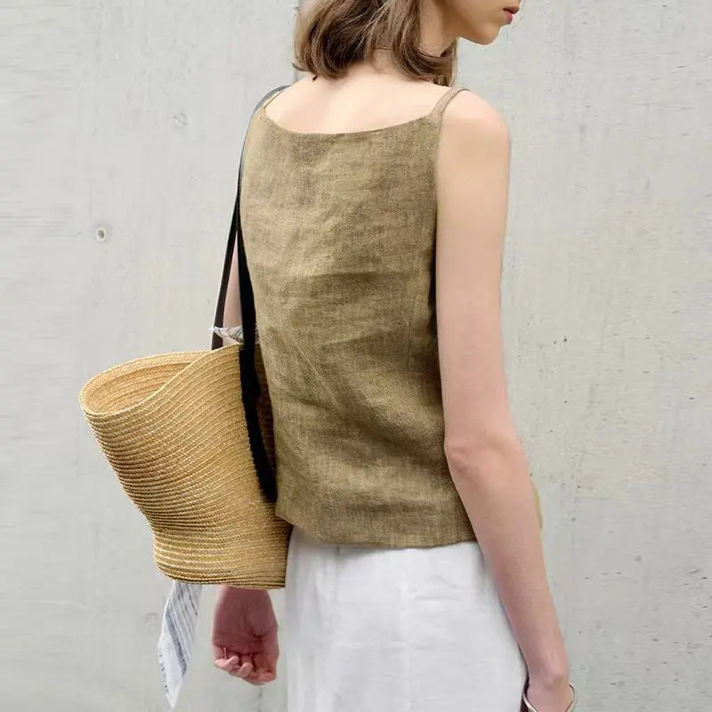 Women's Linen Strapless Cropped Camisole Top with Front Buttons for Casual Outfits