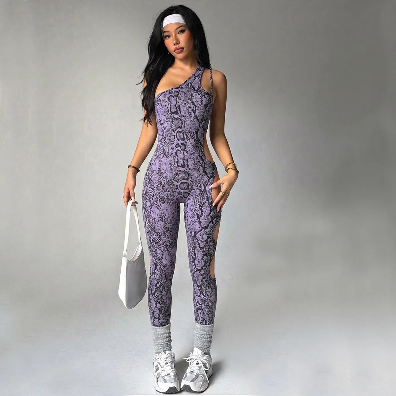 Women's Snakeskin Print Cutout Workout Jumpsuit with Crossed Back Straps