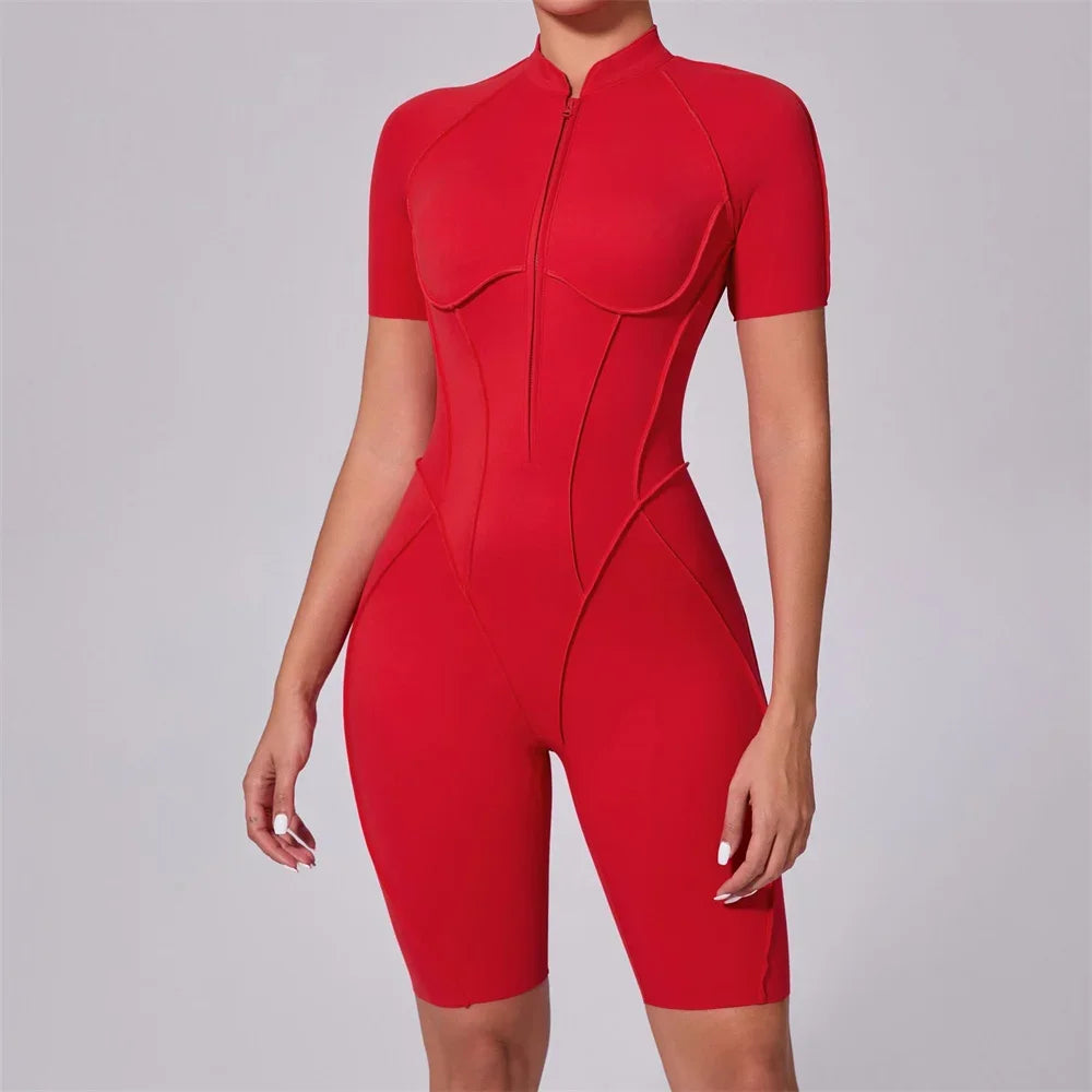Women's Short Sleeve Nylon Blend Zip Front Romper with Contour Seams