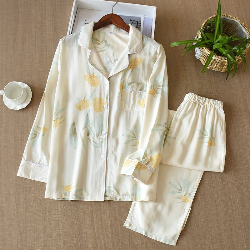 Women's Printed Button Front Pajama Set with Top and Pants