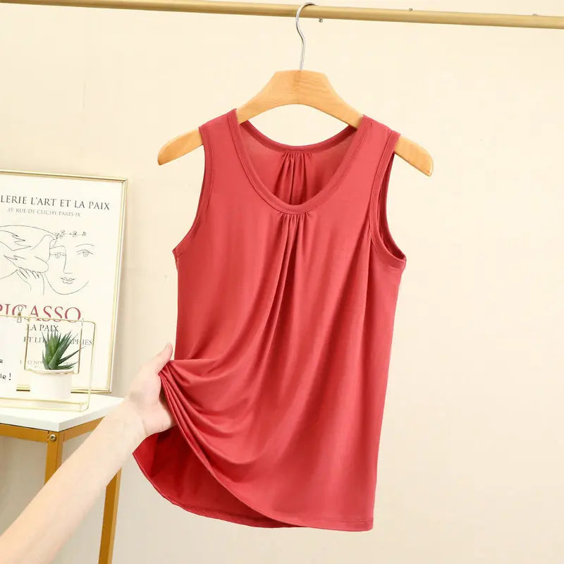 Women's Gathered Neck Polyester Modal Tank Top with Loose Sleeveless Fit