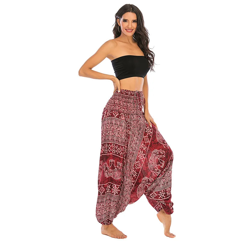 Women's Printed Rayon Harem Pants with Elastic Waist and Convertible Styling