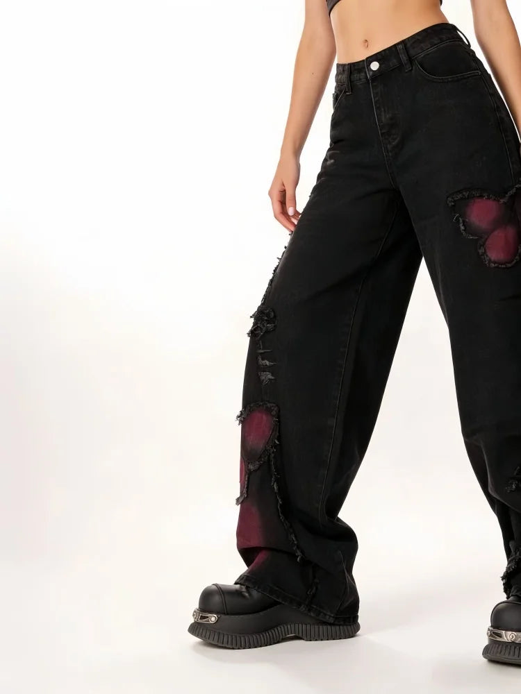 Women's Black Butterfly Graphic Wide Leg Denim Jeans