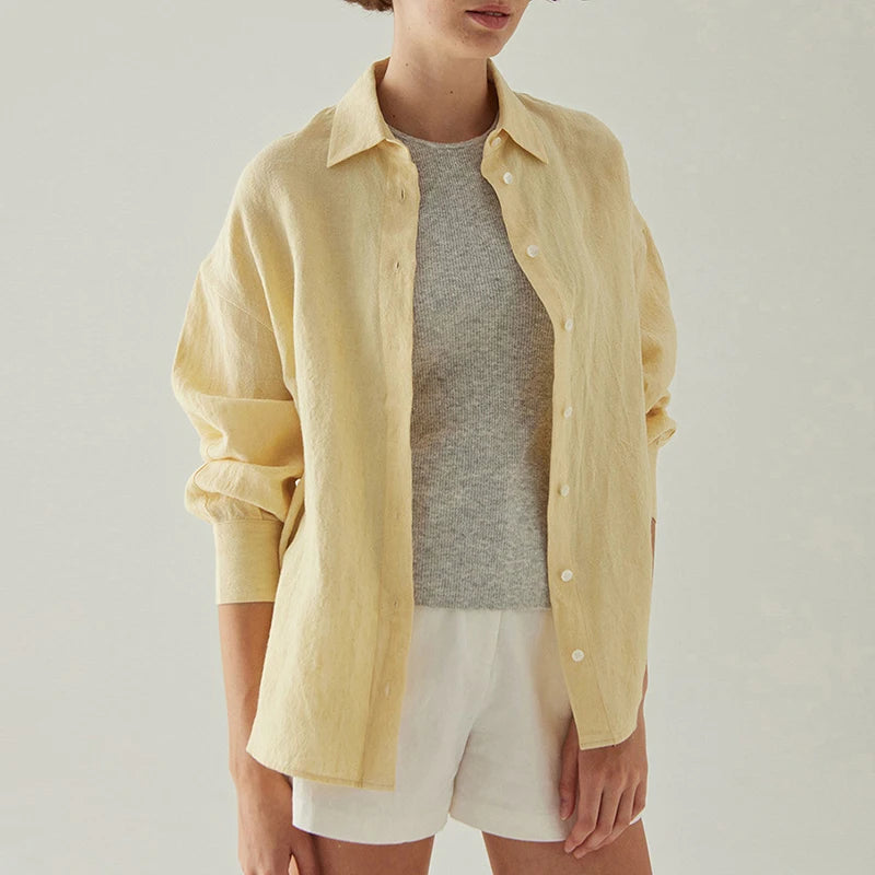 Women's Linen Long-Sleeve Button-Up Shirt with Loose Fit for Casual Everyday Outfits