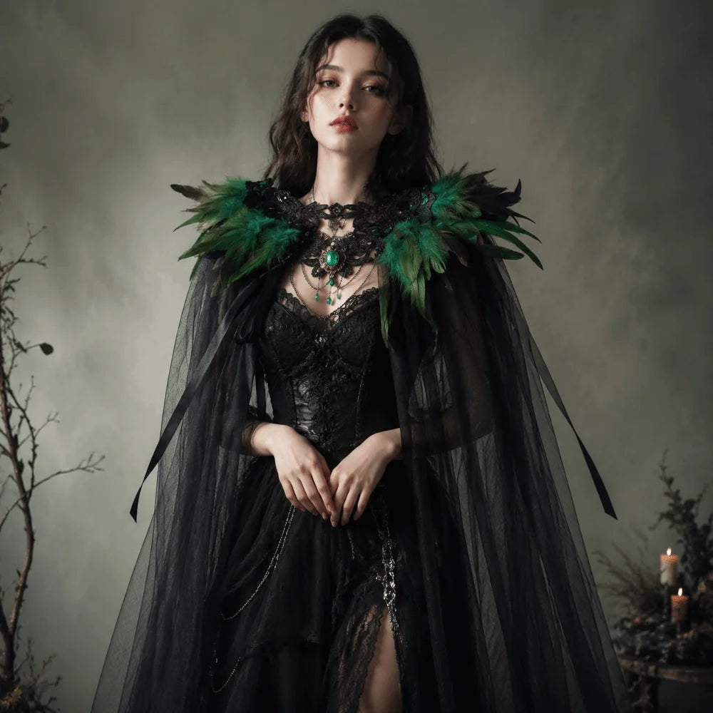 Feather Collar Sheer Long Cape for Layering over Outfits