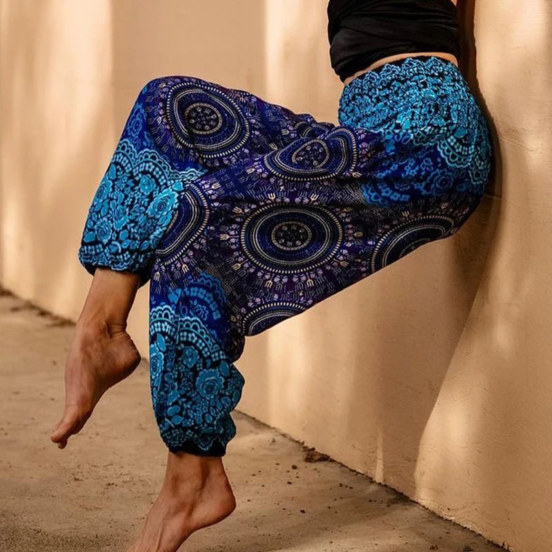 Women's Printed Rayon Harem Pants with High Waist and Gathered Ankles