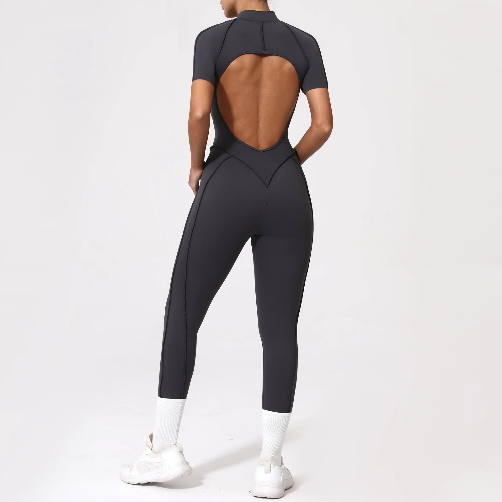 Women's Cap Sleeve Zip Front Back Cutout Workout Jumpsuit