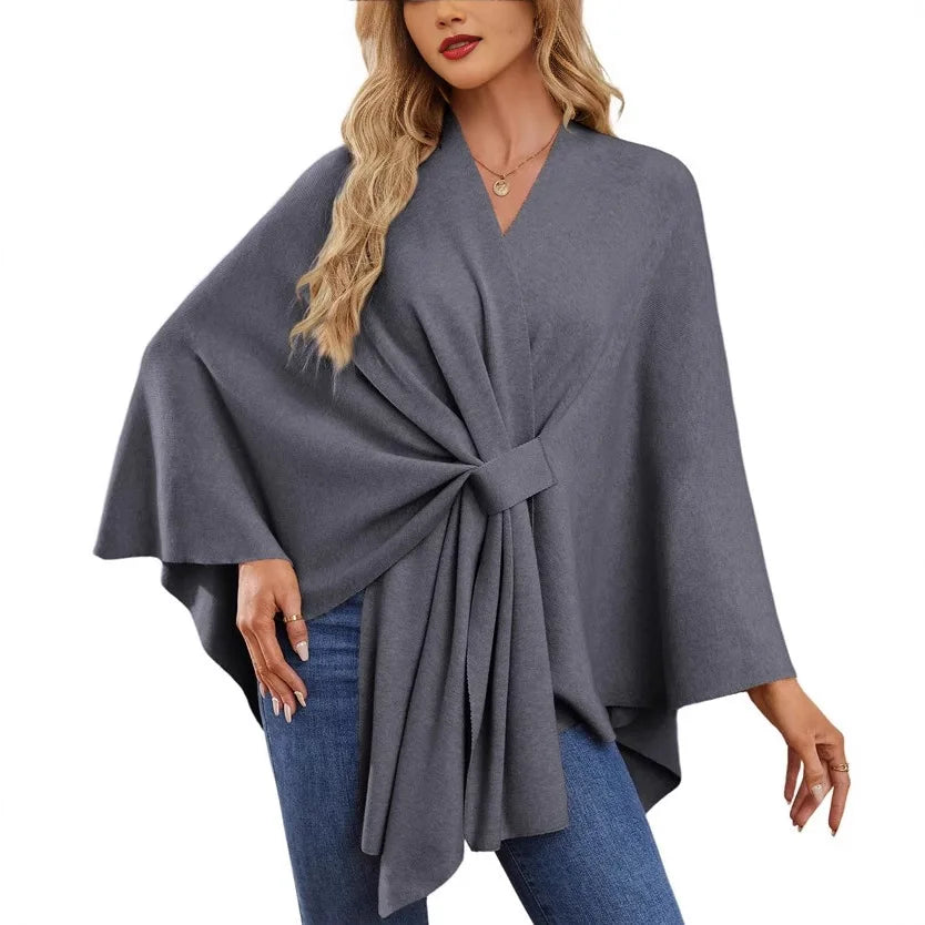 Ribbed Open Front Drape Poncho for Layering over Outfits