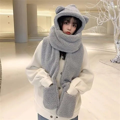 Teddy Bear Hooded Plush Hat Scarf and Gloves Integrated Accessory Set