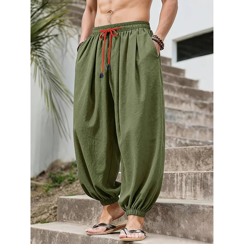 Men's Loose-Fit Cotton-Linen Harem Pants with Elastic Waist and Gathered Cuffs