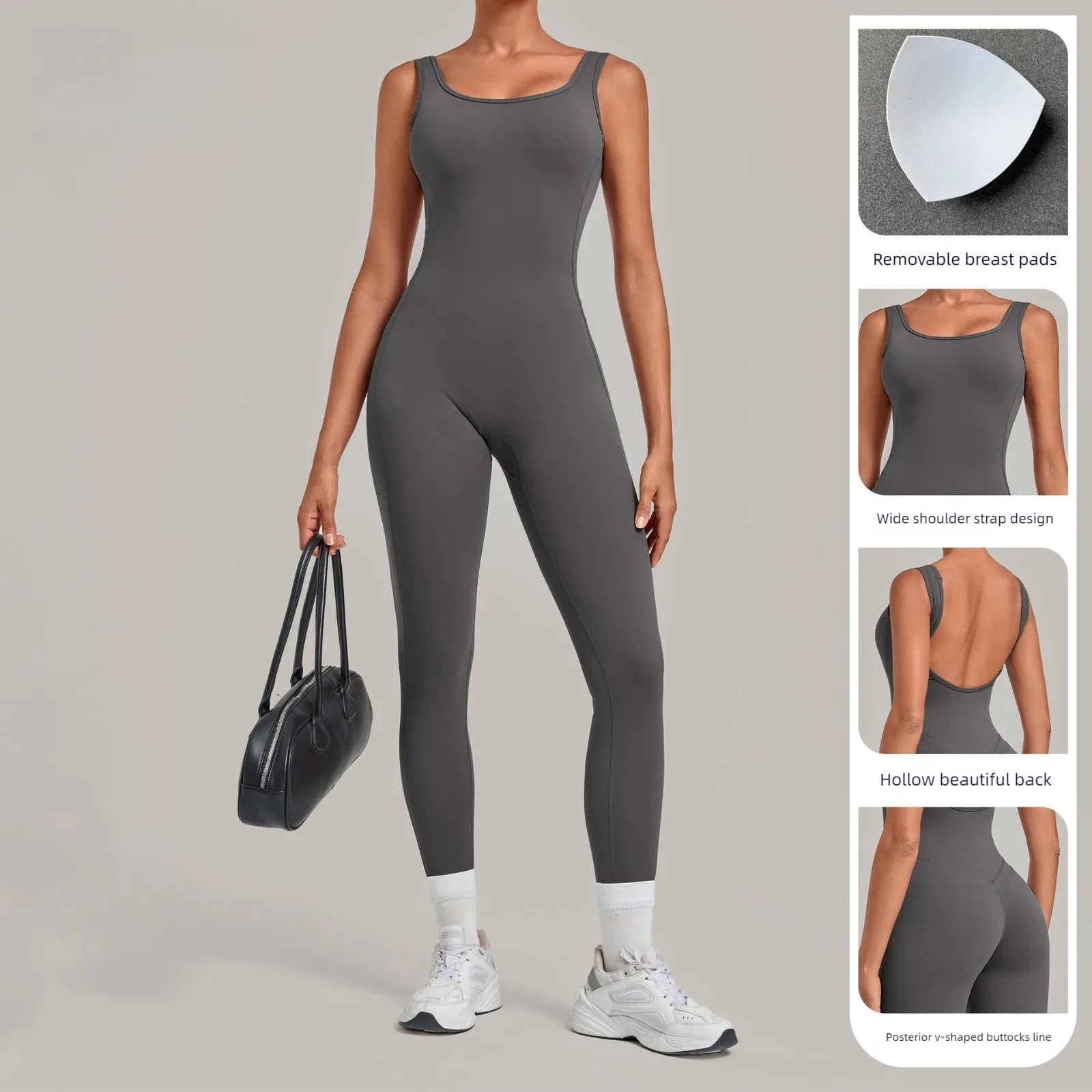 Women's Wide Strap Nylon Blend Workout Jumpsuit with Low Scoop Back