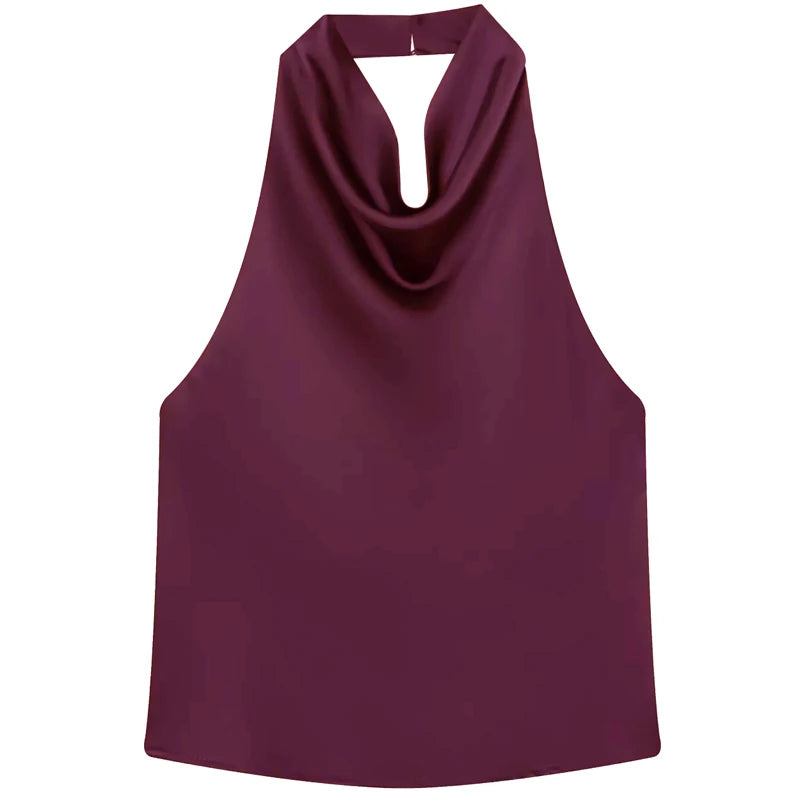Women's Satin Polyester Halter Camisole with a Draped Front and Open Back