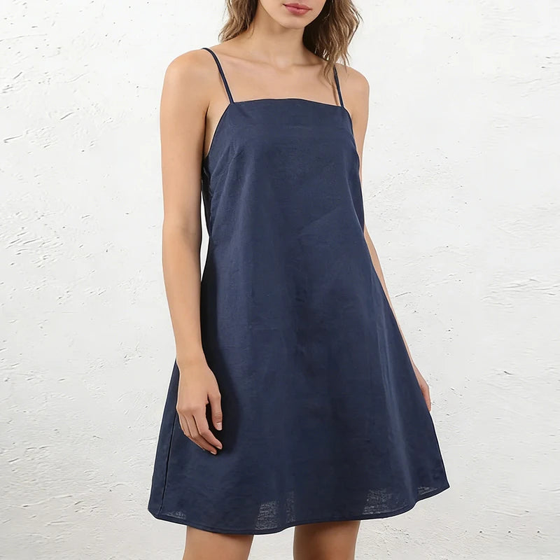 Women's Cotton-Linen Sleeveless A-Line Mini Dress with Straps and Back Tie Detail