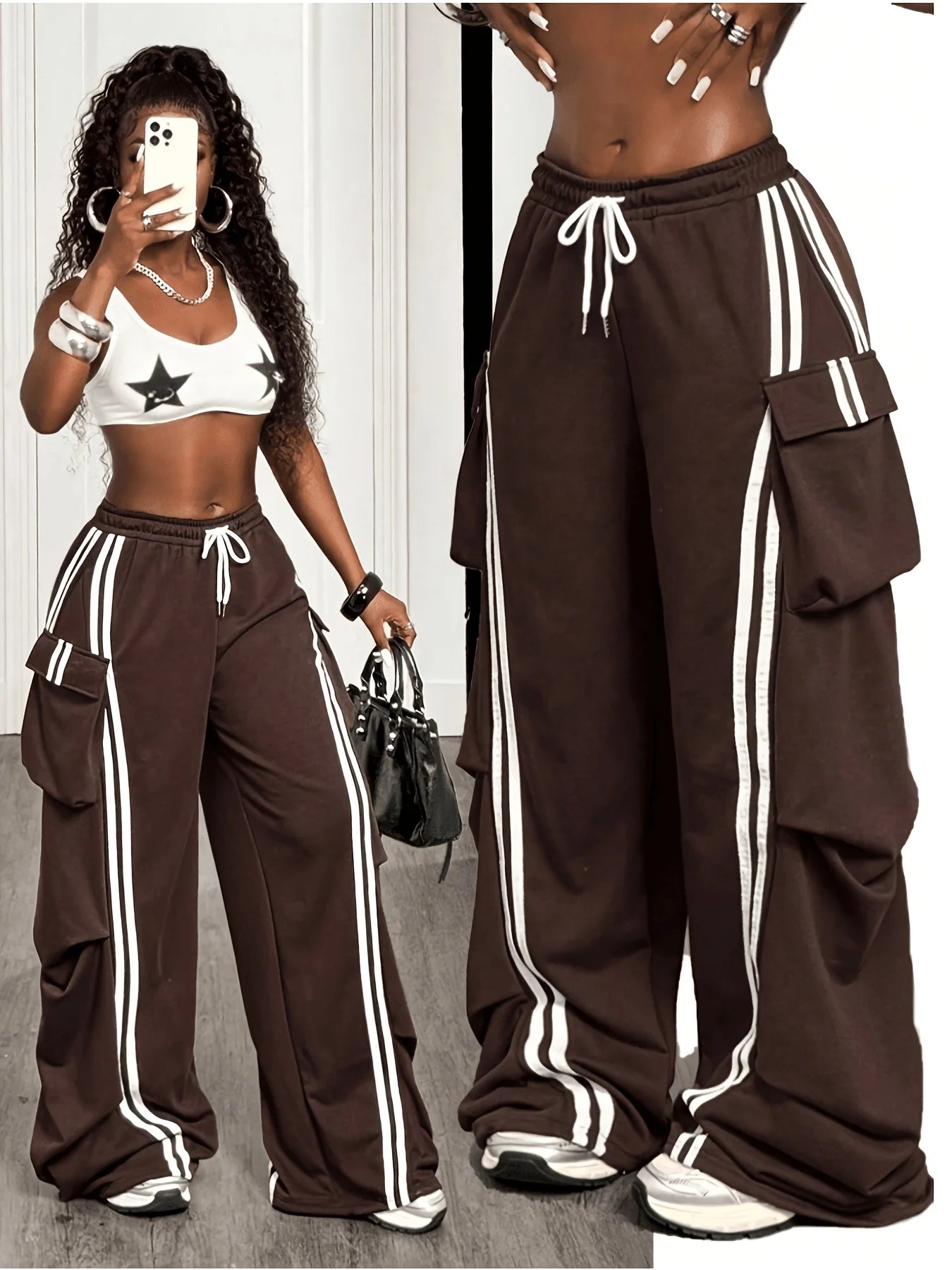 Women's Brown Wide Leg Cargo Pants with Contrast Side Stripes