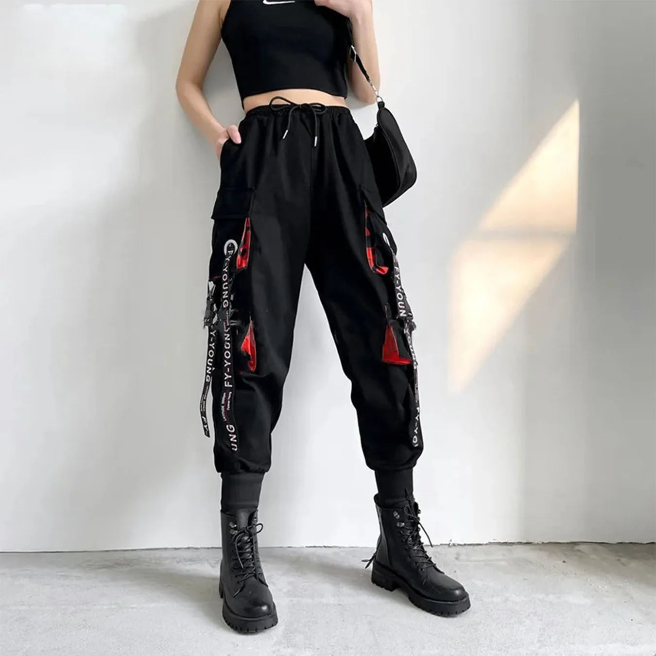 Women's Black Cargo Joggers with Printed Straps and Side Pockets