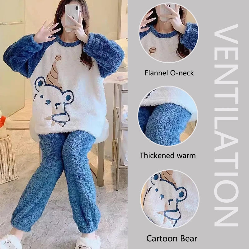 Women's Bear Print Long Sleeve Pajama Set with Top and Pants