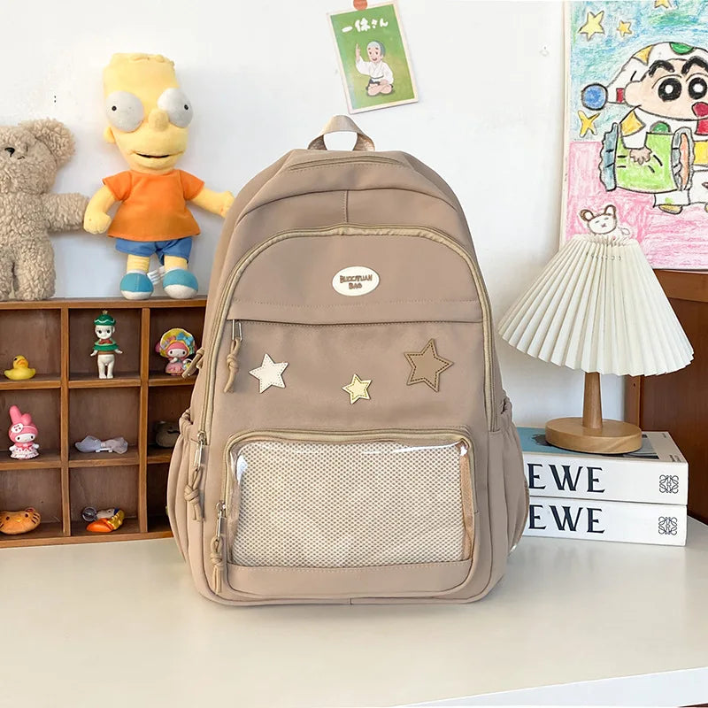 Star Detail Student Backpack with Transparent Front Pocket and Carry Handle