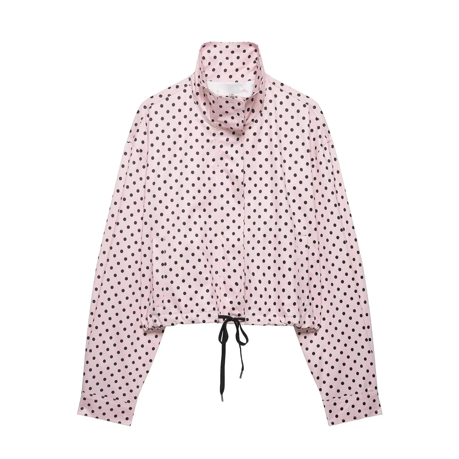 Women's Polyester Polka-Dot Long-Sleeve Zip-Front Collared Jacket with Pockets for Casual Outfits