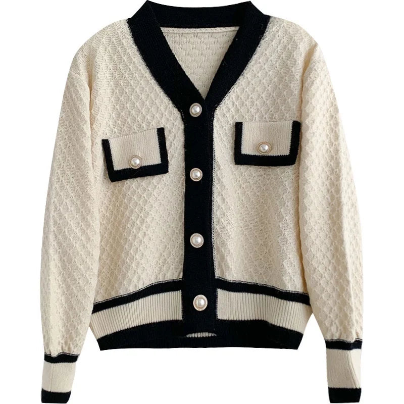Women's Contrast Trim Button Front Cardigan Casual Knit Layer