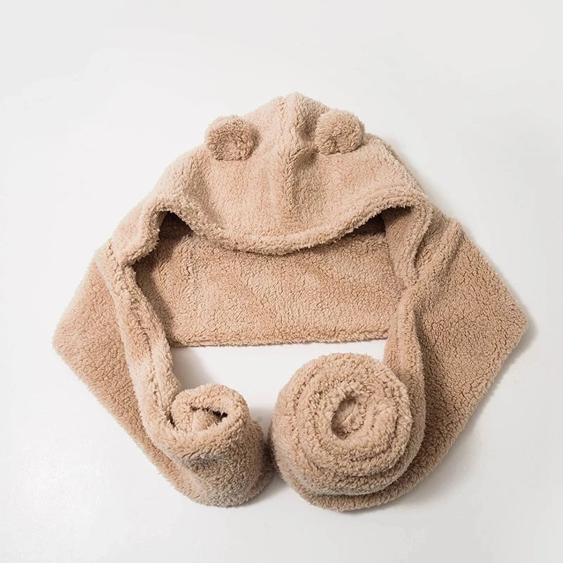 Women's Bear Plush Integrated Hat Scarf and Gloves Set for Winter