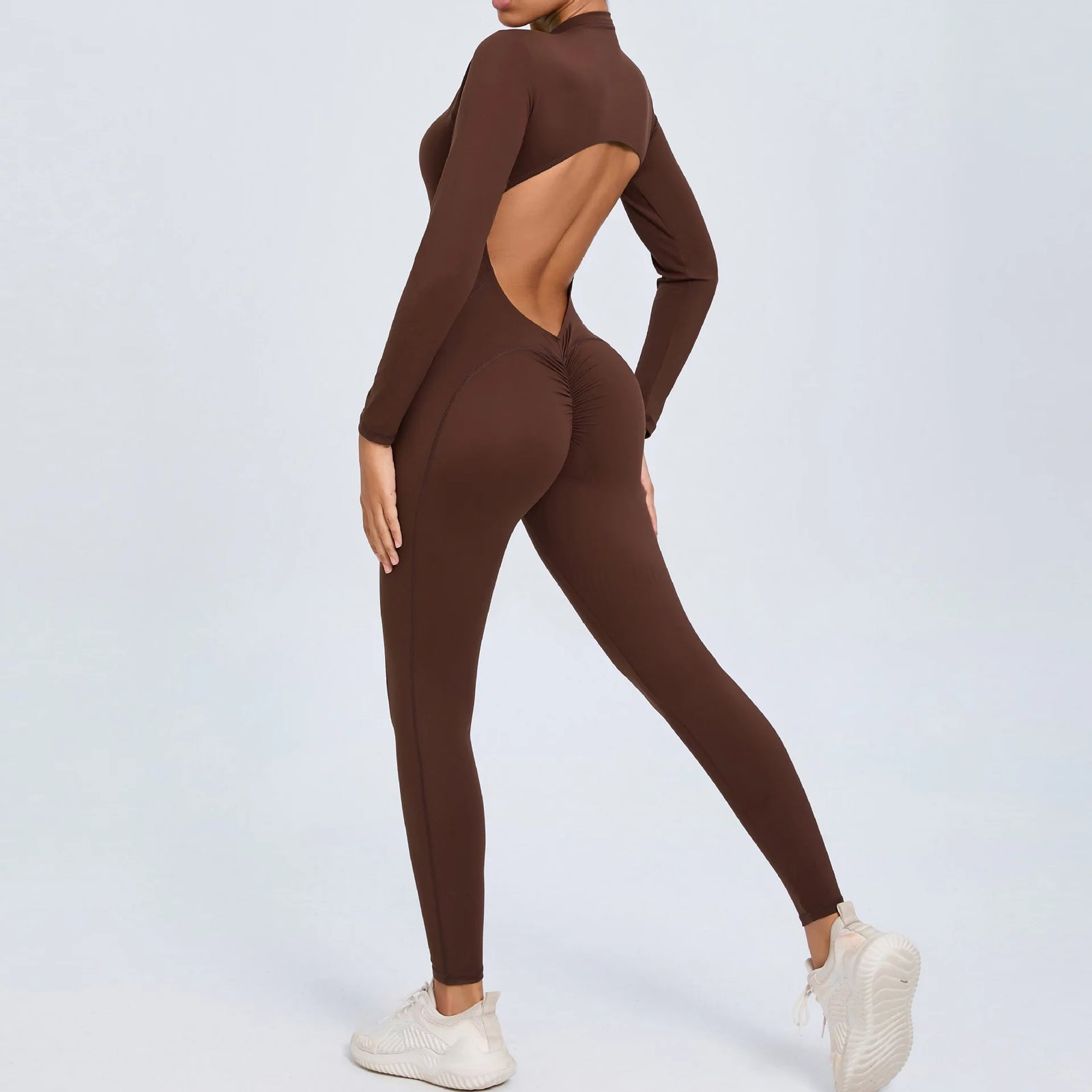 Women's Long Sleeve Nylon Blend Workout Jumpsuit with Zipper and Open Back