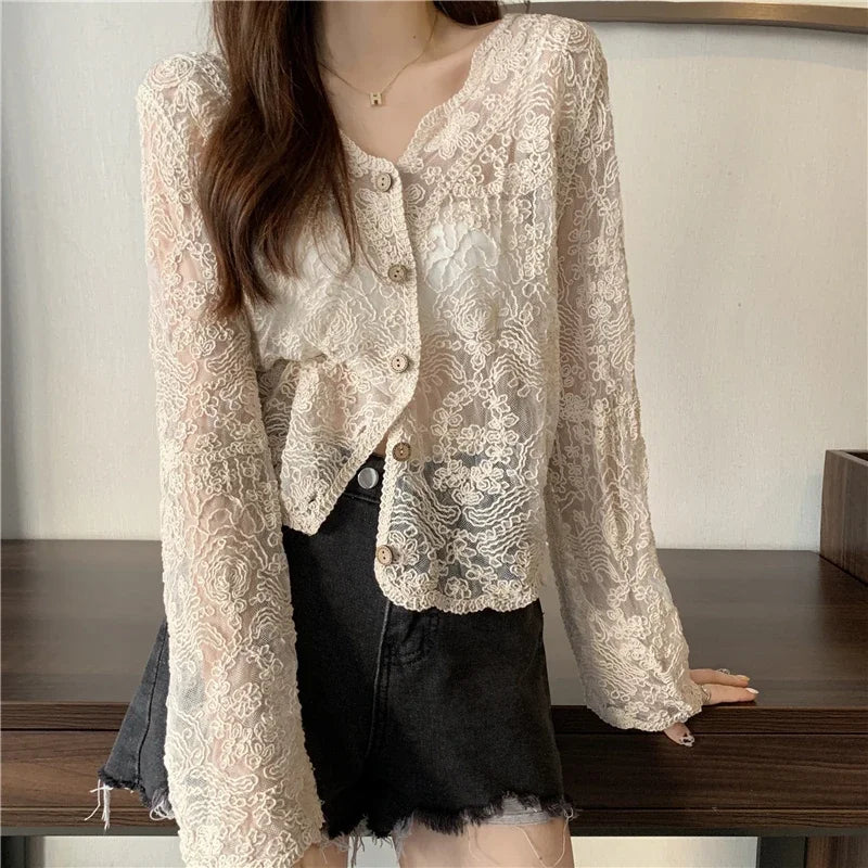 Women's Lace V Neck Long Sleeve Button Front Blouse