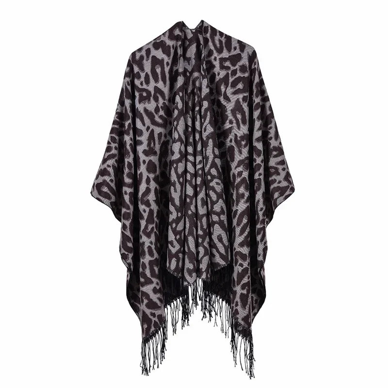 Patterned Fringed Open Front Poncho for Layering over Outfits