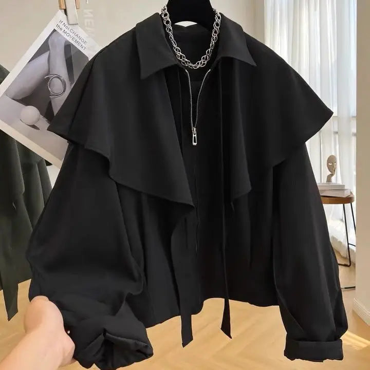 Tiered Collar Cropped Zip Front Jacket for Layering over Outfits