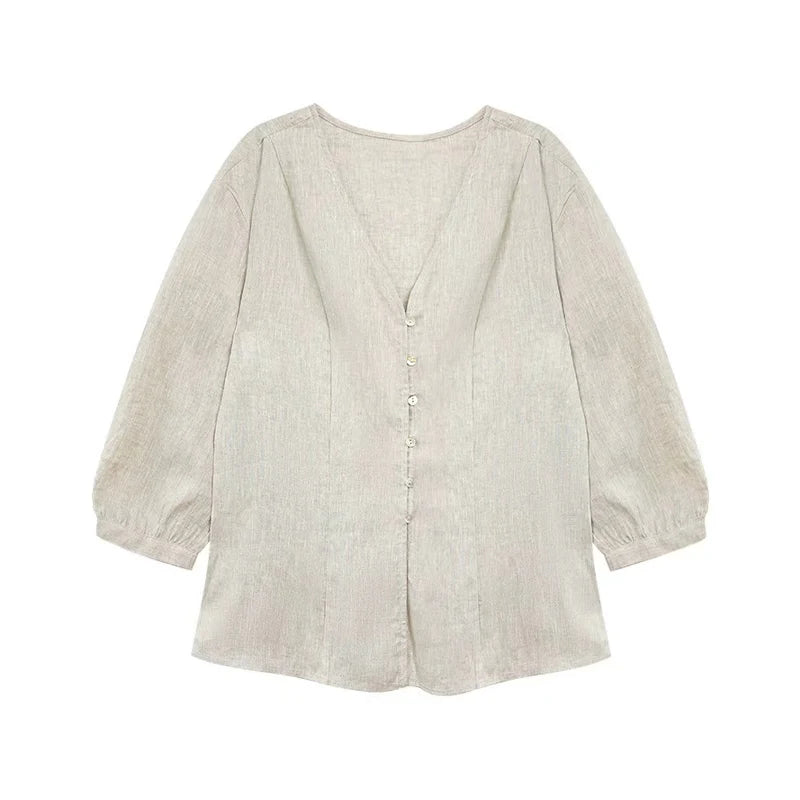 Women's Linen V-Neck Button-Up Shirt with Three-Quarter Sleeves for Casual Everyday Outfits