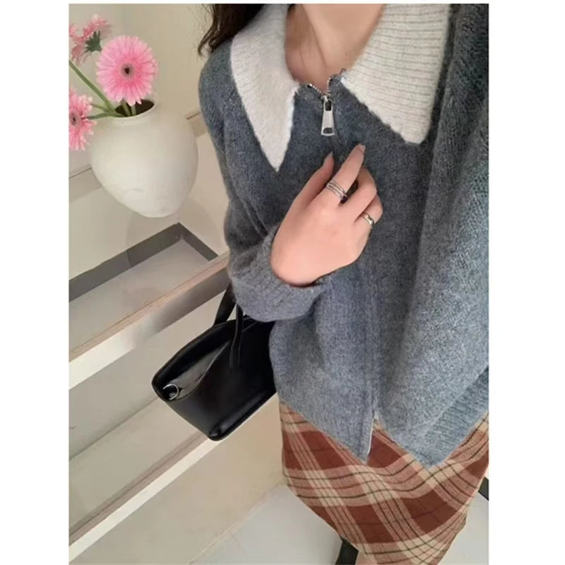 Color-blocked lapel 100% cashmere cardigan women's knitted sweater Loose sweater Wool sweater coat